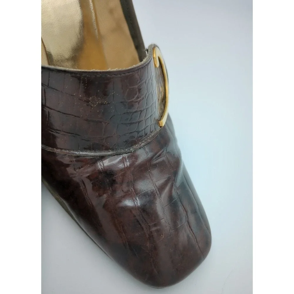 Vtg Town And Country Faux Alligator Block Heeled Pumps Womens 8 AA Brown Leather
